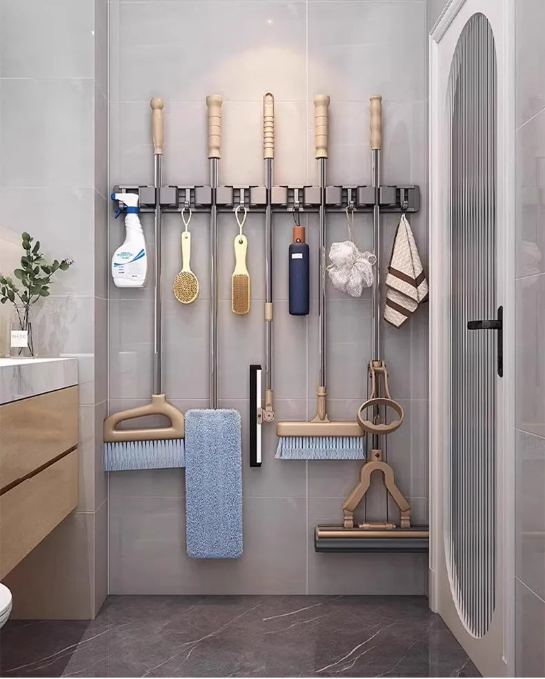 Mop and Broom Organizer Mop Holder Rack Mop Holder Wall Mounted Strong Broom Mop Holder Self With 5 Hooks Organizers Hang Broom