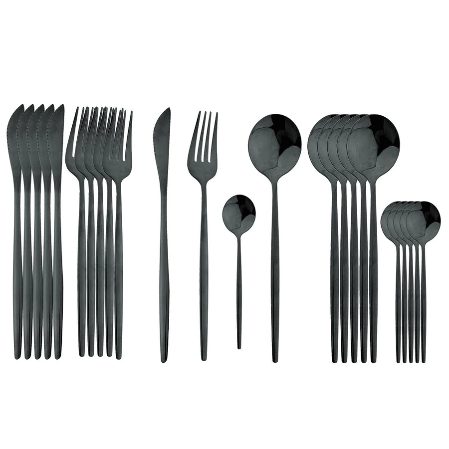 24Pcs Black Handle Golden Cutlery Set Stainless Steel Knife Fork Spoon Tableware Flatware Set Festival Kitchen Dinnerware Gift