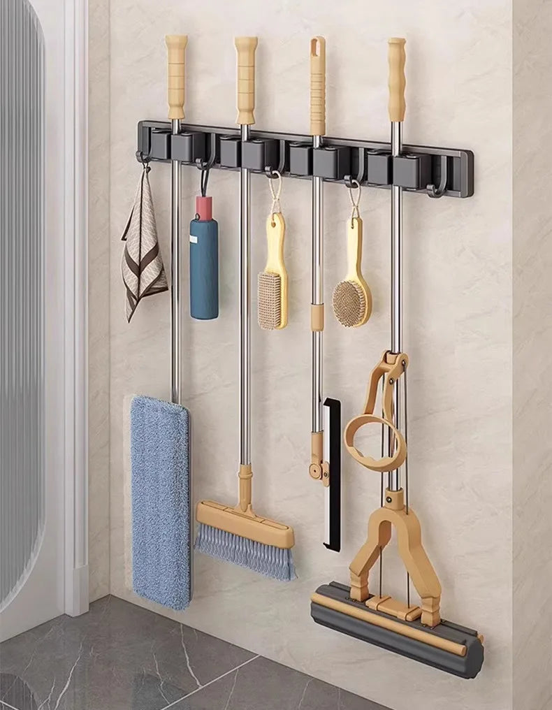 Mop and Broom Organizer Mop Holder Rack Mop Holder Wall Mounted Strong Broom Mop Holder Self With 5 Hooks Organizers Hang Broom