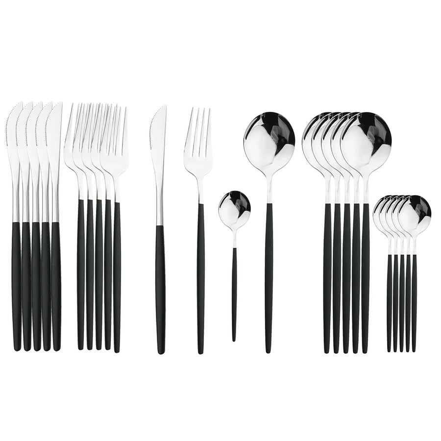 24Pcs Black Handle Golden Cutlery Set Stainless Steel Knife Fork Spoon Tableware Flatware Set Festival Kitchen Dinnerware Gift